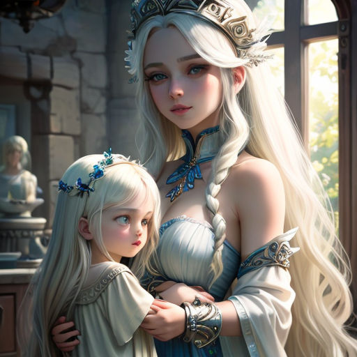 a woman and a child are dressed in white clothing and blue hair, and one is wearing a tiara