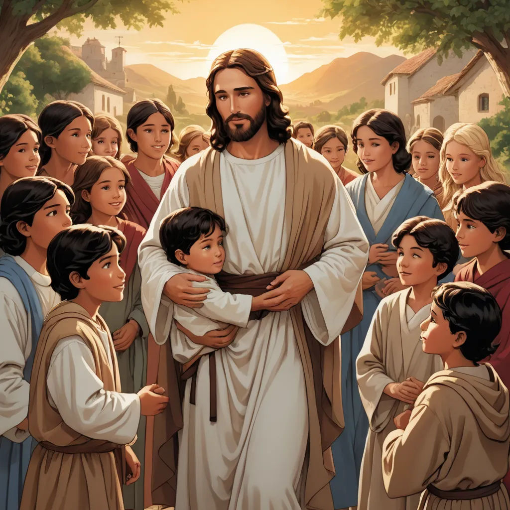 a painting of jesus holding a child in his arms with a crowd of people around him in the background, naive art, a storybook illustration, Brothers Hildebrandt, radiant light
