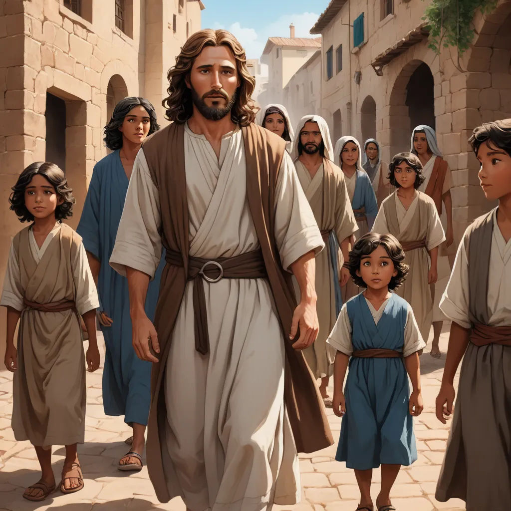 a man in a brown robe walking with a group of children in a street with buildings in the background, excessivism, a storybook illustration, F Scott Hess, radiant light
