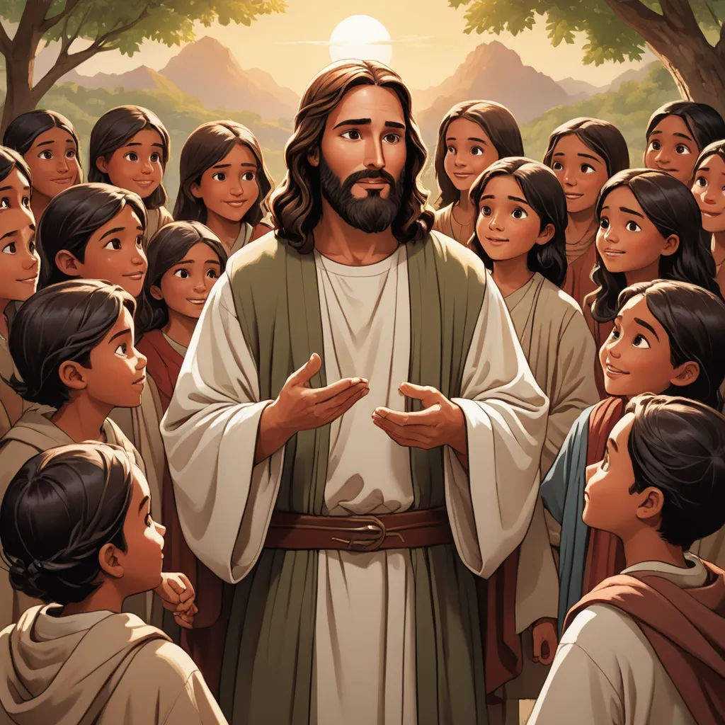 a painting of jesus surrounded by children in a forest with trees and mountains in the background, with a man in the center of the picture, naive art, a storybook illustration, Brothers Hildebrandt, rossdraws global illumination