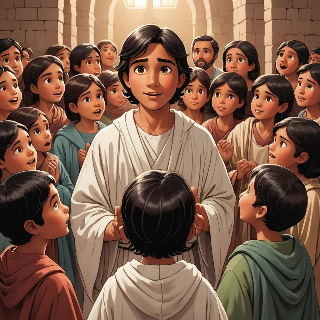 a painting of jesus surrounded by children in a church with a light shining on him and a man in the middle of the crowd, lyco art, a storybook illustration, Brothers Hildebrandt, official art