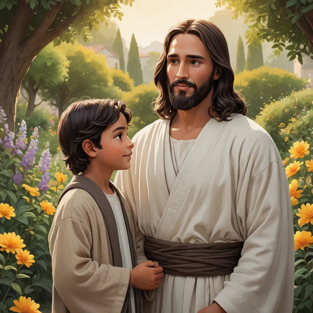 a painting of jesus and a young boy in a field of flowers with trees and flowers in the background, american scene painting, a storybook illustration, Brothers Hildebrandt, kinkade