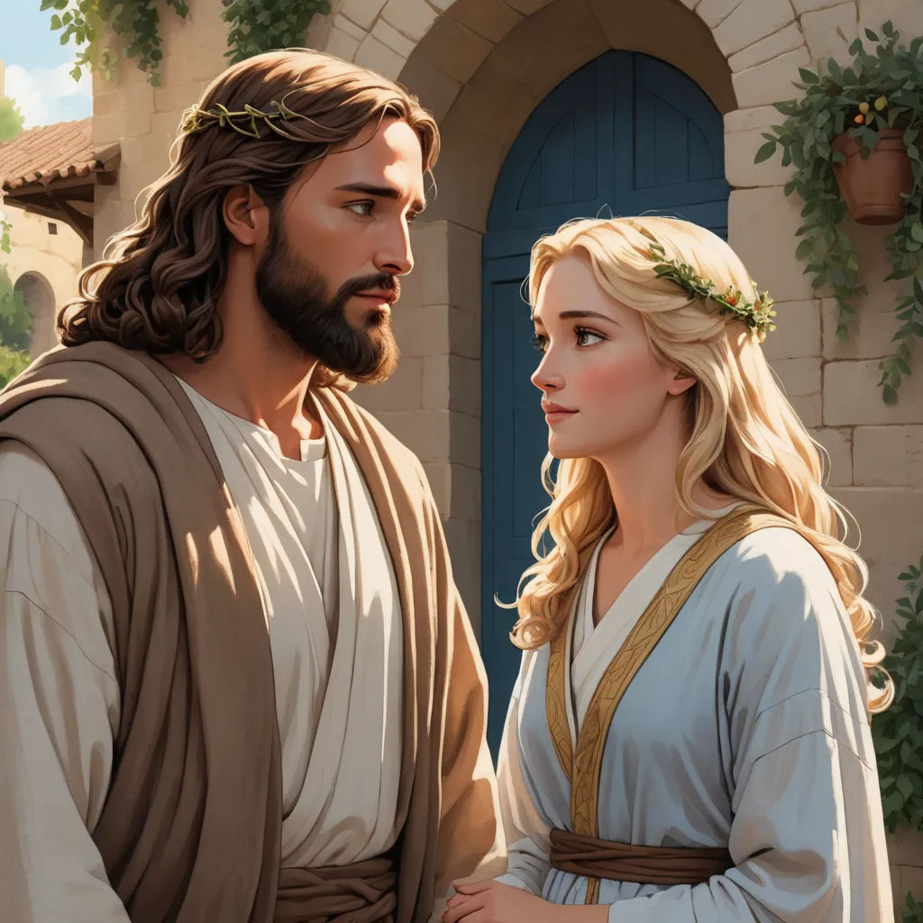 a man and a woman dressed in roman clothing standing next to each other in front of a building with a blue door, american scene painting, a painting, Amanda Sage, official art