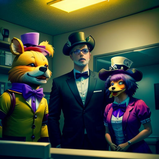 a man in a suit and tie standing next to two cosplay animals in a room with a mirror