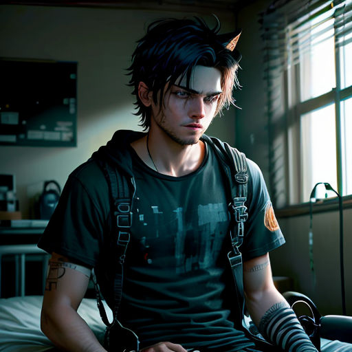 a man with a devilish haircut sitting on a bed in a room with a window and a bed spread