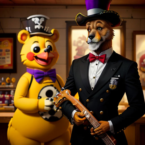 a cartoon character with a guitar and a bear dressed as a pirate and a bear dressed as a pirate