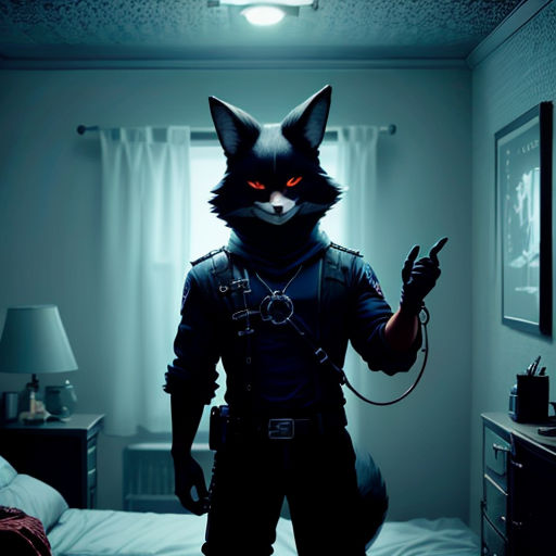a person in a dark room with a cat mask on and a light on above their head and a bed with a lamp on