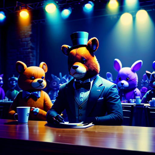 a group of teddy bears dressed in suits and ties sitting at a bar with a waiter in front of them