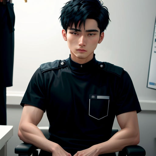 a man in a black shirt sitting in a chair with his hands on his knees and his hands on his hips