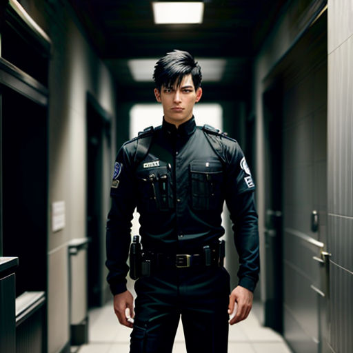 a man in a uniform standing in a hallway with a light on his head and a hand on his hip