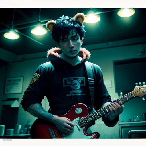 a man with a cat ears hat playing a guitar in a room with lights on the ceiling and a cat ears hoodie on