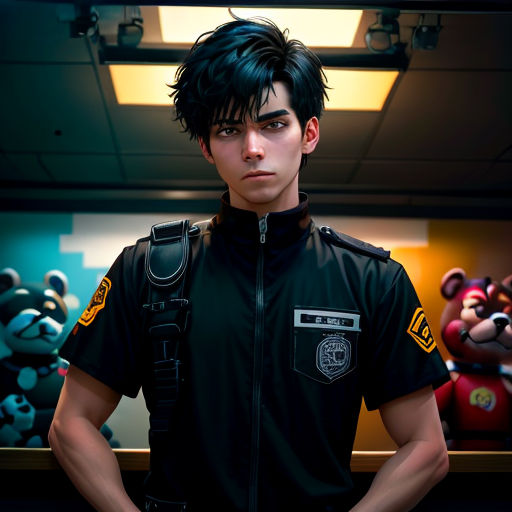a man in a black uniform standing in front of a teddy bear wallpapered wall with a teddy bear