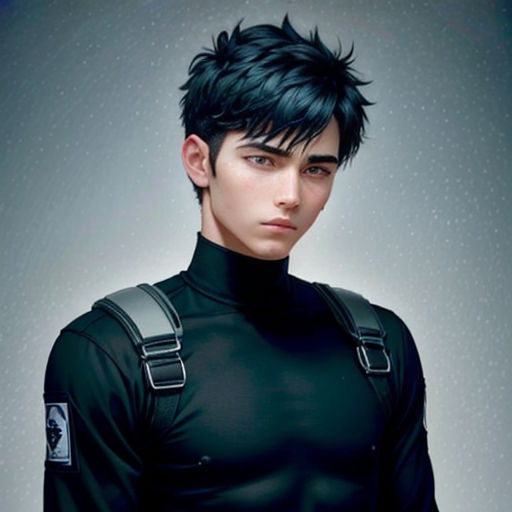 a man with black hair and suspenders is wearing a black shirt and black pants with suspenders on his chest