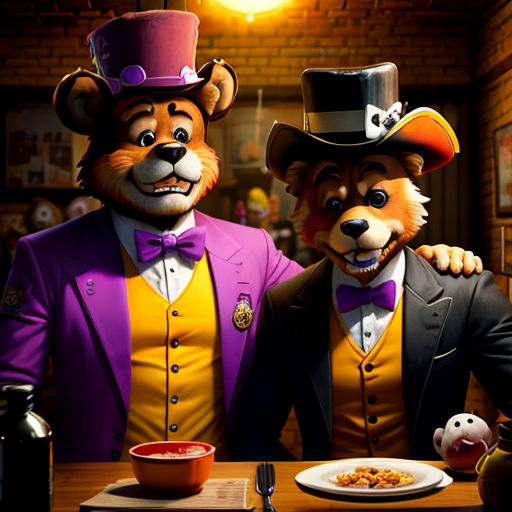 two bears dressed in suits and hats are standing next to a table with food and drinks on it,