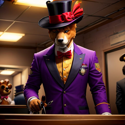 a man in a purple suit and top hat with a red bow tie and a bear in a suit