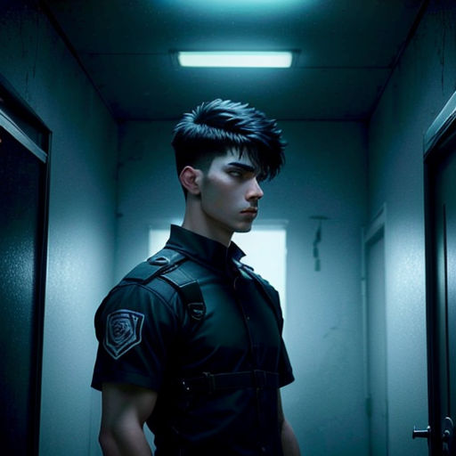 a man in uniform standing in a hallway with a light on his head and a door open to another room