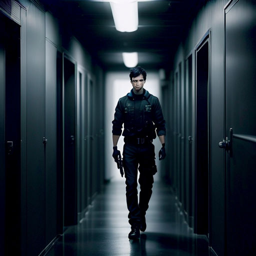 a man in a hallway with a gun in his hand and a gun in his other hand, in a dark room