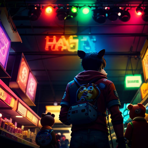 a person walking down a hallway with a backpack on and a teddy bear on the back of it's back