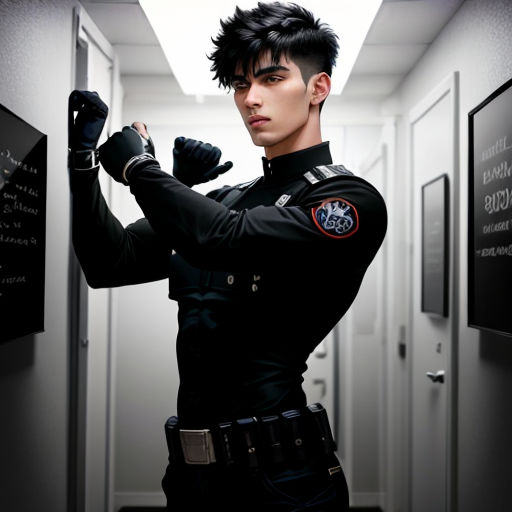 a man in a uniform is standing in a hallway with his hands on his hips and his arm wrapped around his waist