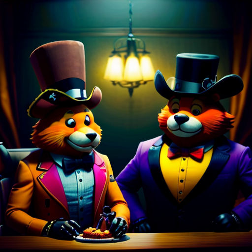 two stuffed animals dressed in fancy clothes and hats sitting at a table with a plate of food in front of them