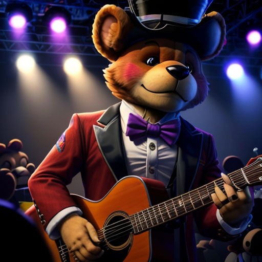 a teddy bear dressed in a suit and hat playing a guitar in front of a crowd of people on stage
