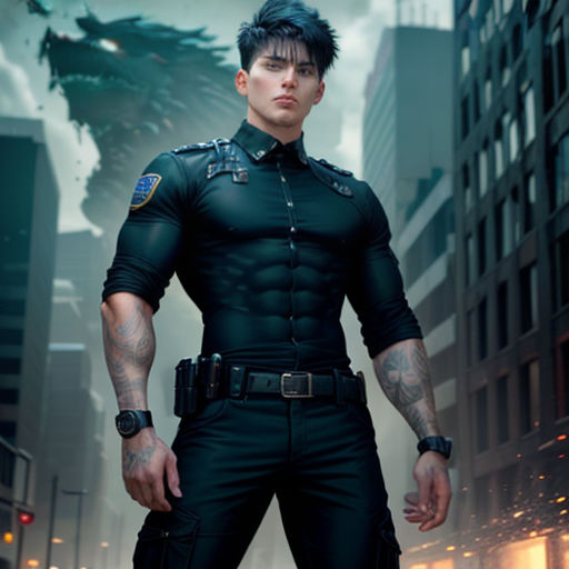 a man in a uniform standing in the middle of a city street with a godzilla in the background and a city street with tall buildings