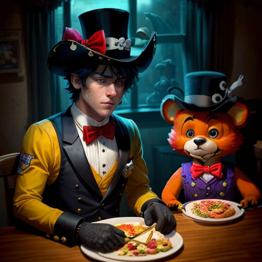 a man in a top hat and bow tie sitting at a table with a plate of food and a stuffed animal