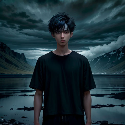 a man standing in front of a lake under a cloudy sky with mountains in the background and a dark sky