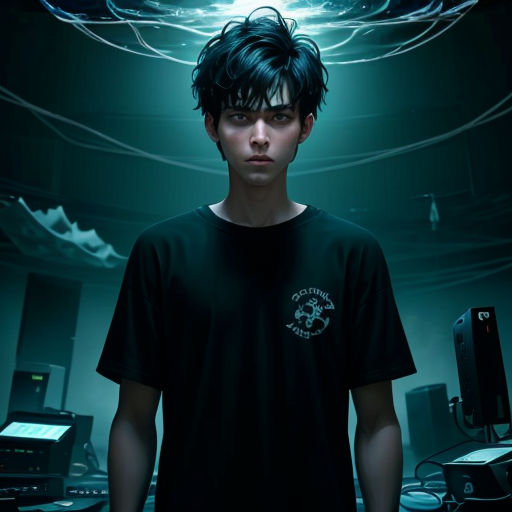 a man standing in front of a computer monitor in a room with a light shining on him and a blue background