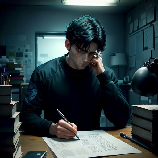 a man sitting at a desk with a pen and paper in his hand and a cell phone to his ear