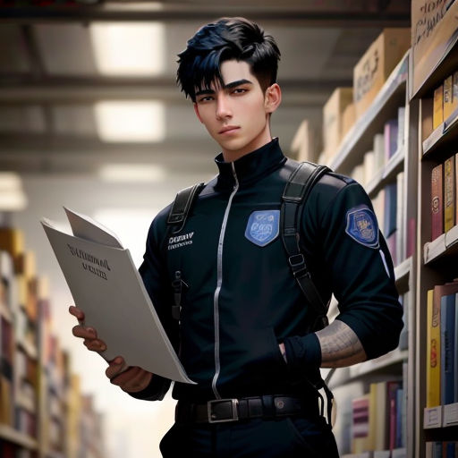 a man in a uniform is holding a book in a library with bookshelves behind him and a bookcase full of books