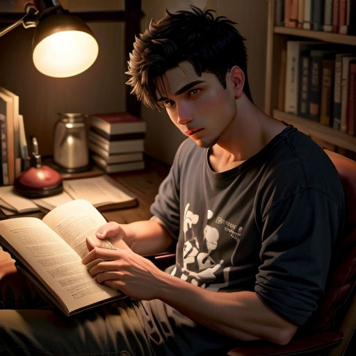 a man sitting in a chair reading a book in a room with a lamp on the side of the room