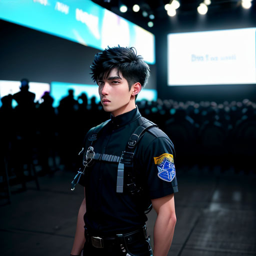 a man in a police uniform standing in front of a crowd of people in a building with a screen