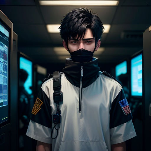 a man with a neck gaiter in a room with a computer screen and a monitor in the background
