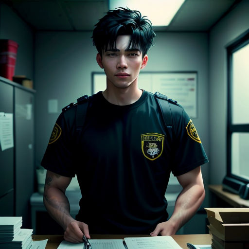 a man in a police uniform holding a clipboard and pen in his hand while standing in an office