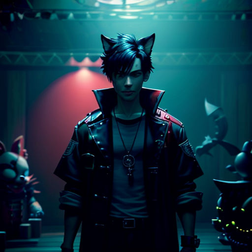 a man in a cat outfit standing in a dark room with a cat on his shoulder and a cat on his shoulder