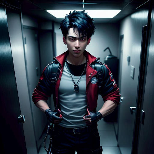 a man in a red jacket and black pants standing in a hallway with his hands on his hips and looking at the camera