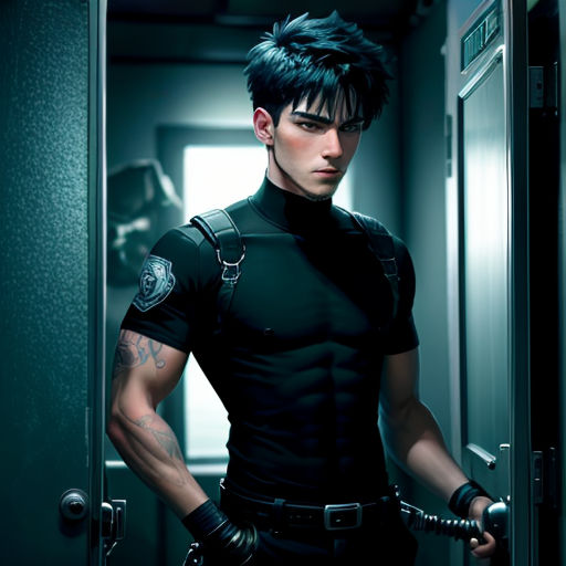 a man in a black shirt and a black belted shirt and a gun in his hand and a door in the background