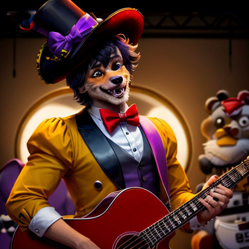 a man in a costume playing a guitar and a teddy bear in a costume behind him with a hat and a guitar