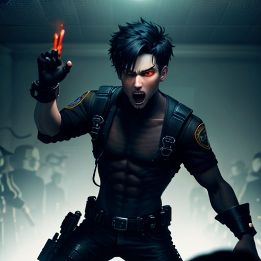 a man in a black outfit holding a red light up in his hand and a gun in his other hand