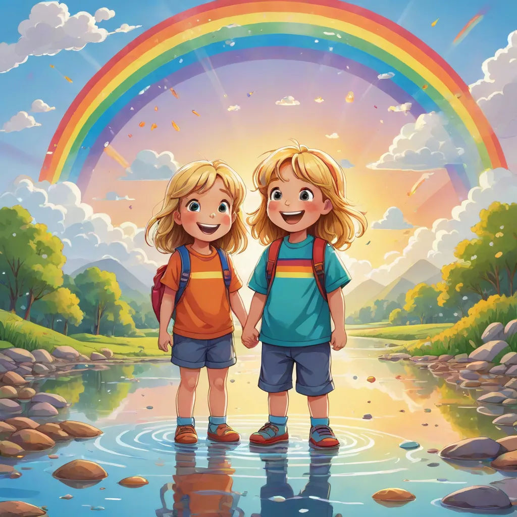 two children standing in the water with a rainbow in the background illustration by alex krapfke for the children's book, Cyril Rolando, naive art, a storybook illustration, official art