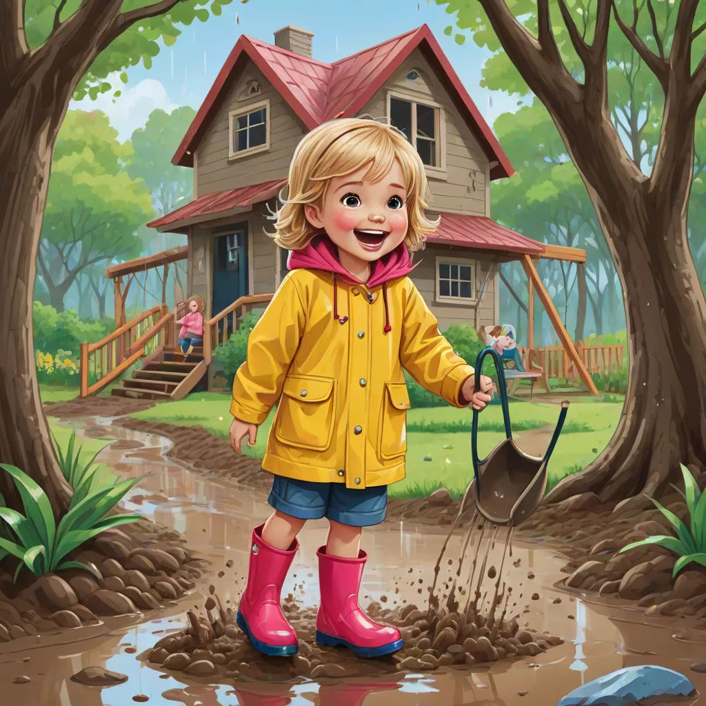a little girl in a yellow jacket is playing in the mud with a shovel and a shovel in her hand, Bob Byerley, american scene painting, a storybook illustration, storybook illustration