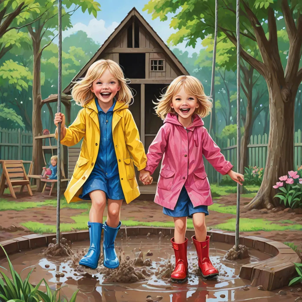 two little girls are playing in a puddle in a park with a swing set and a tree house in the background, Bob Byerley, naive art, a storybook illustration, highly detailed digital painting
