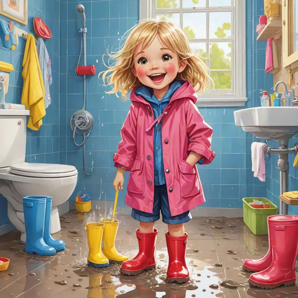 a painting of a little girl in a bathroom with rain boots and a pink raincoat on, holding a yellow rubber boot, Bob Byerley, photorealism, a storybook illustration, highly detailed digital painting