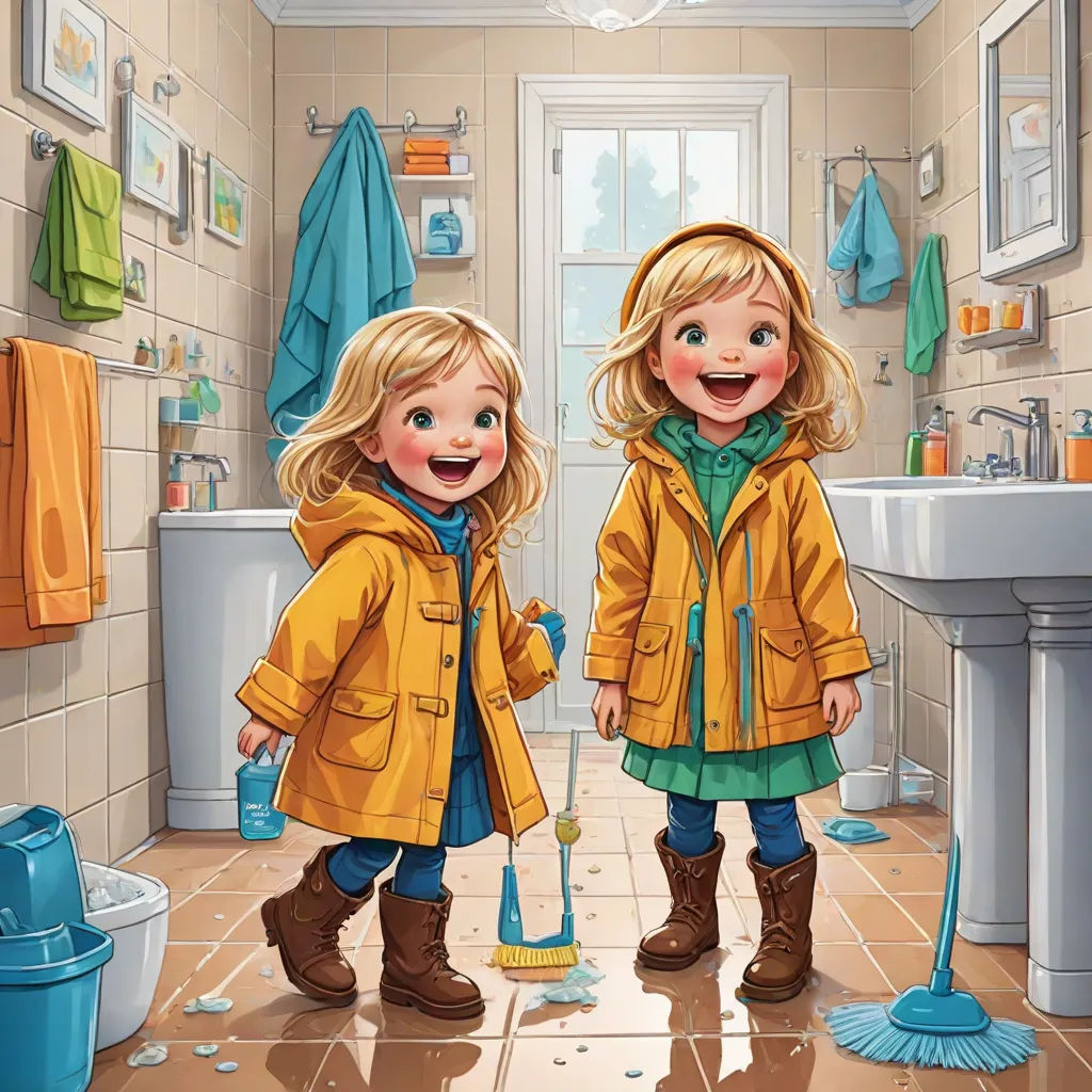 two little girls standing in a bathroom with a broom and a sink in front of them, one holding a blue brush, Bob Byerley, photorealism, a storybook illustration, highly detailed digital painting