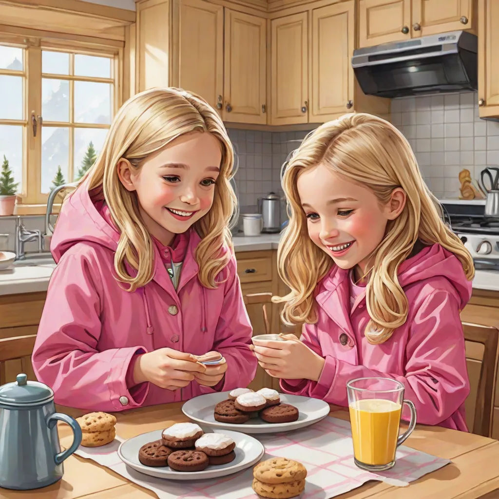 two girls sitting at a table eating cookies and milk cookies and a glass of orange juice are on the table, Bob Byerley, hyperrealism, a storybook illustration, highly detailed digital painting