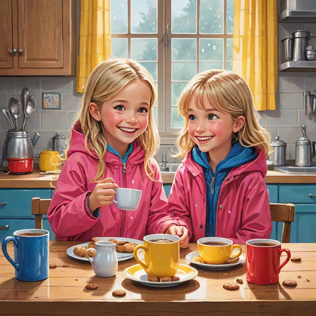 two girls sitting at a table with cups of coffee and a plate of cookies in front of them,, Bob Byerley, american scene painting, a detailed painting, highly detailed digital painting