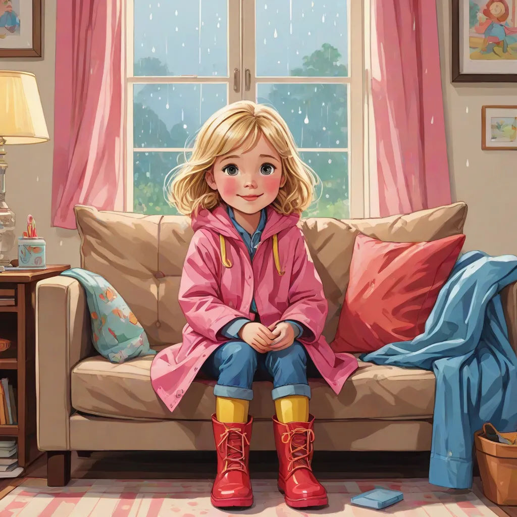 a painting of a girl sitting on a couch in a living room with a pink blanket and a pink chair, Caroline Lucy Scott, american scene painting, a storybook illustration, official art