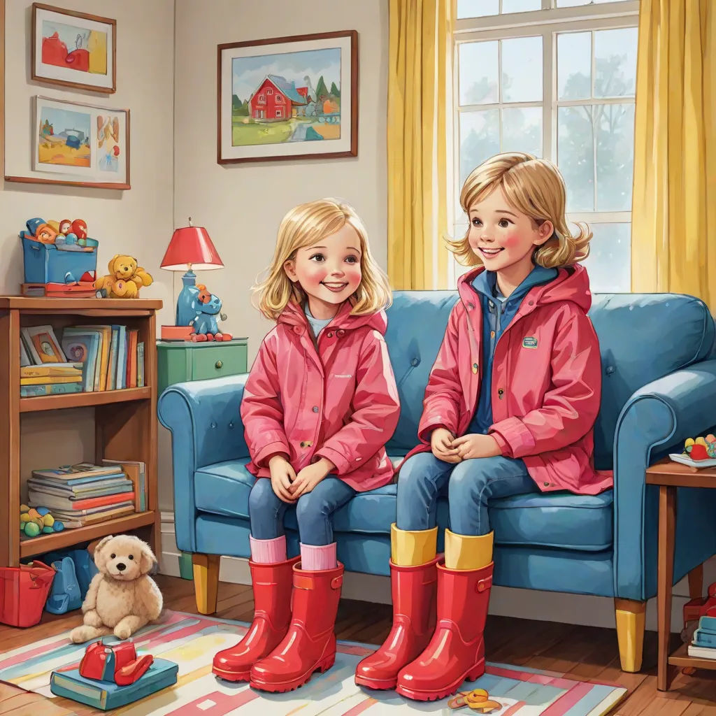 two little girls sitting on a blue couch in a room with a teddy bear and a teddy bear on the floor, Caroline Lucy Scott, american scene painting, a storybook illustration, storybook illustration