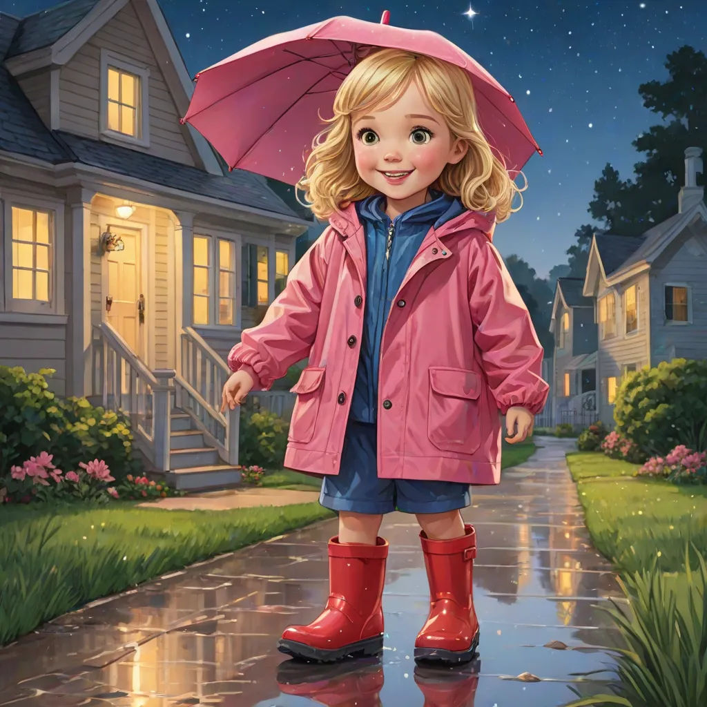 a little girl in a raincoat and boots standing in the rain with an umbrella over her head and a house in the background, Bob Byerley, american scene painting, a storybook illustration, kinkade